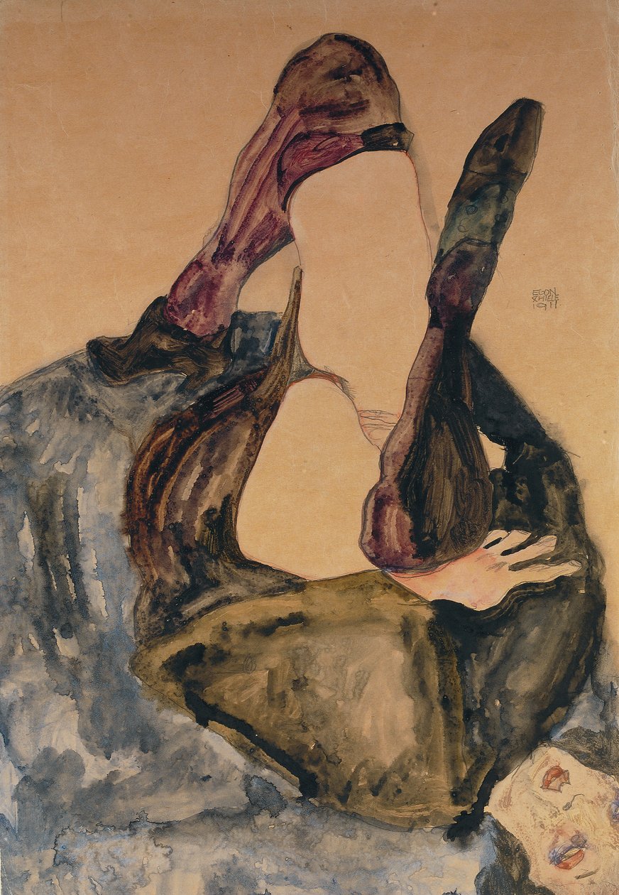 Mulher com perna levantada e meias roxas; Mulher com perna levantada e meias roxas, 1911 de Egon Schiele