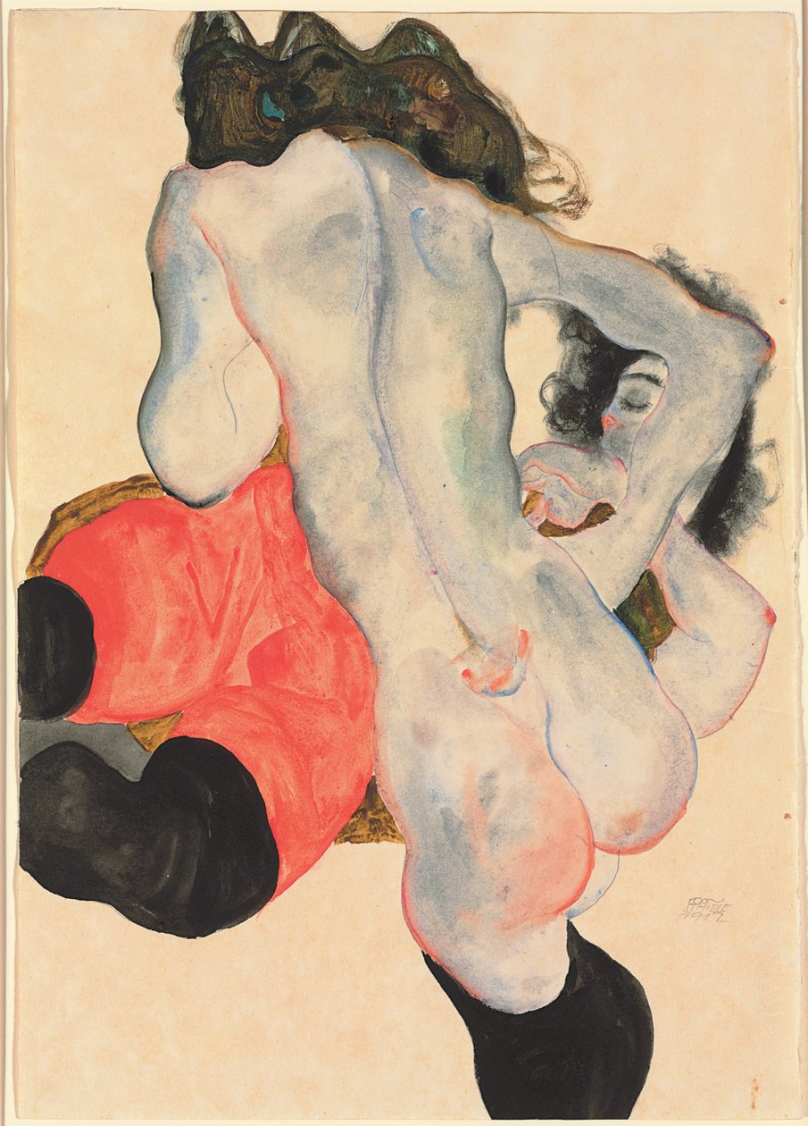 Mulher com calça vermelha e nu feminino em pé; Mulher deitada com calças vermelhas e nu feminino em pé, 1912 de Egon Schiele
