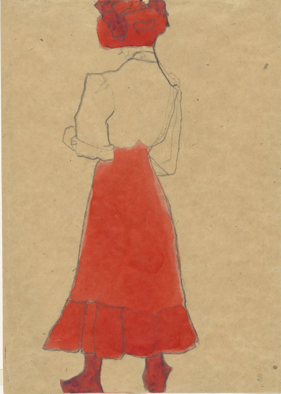 Mulher com saia vermelha, c. 1909. de Egon Schiele