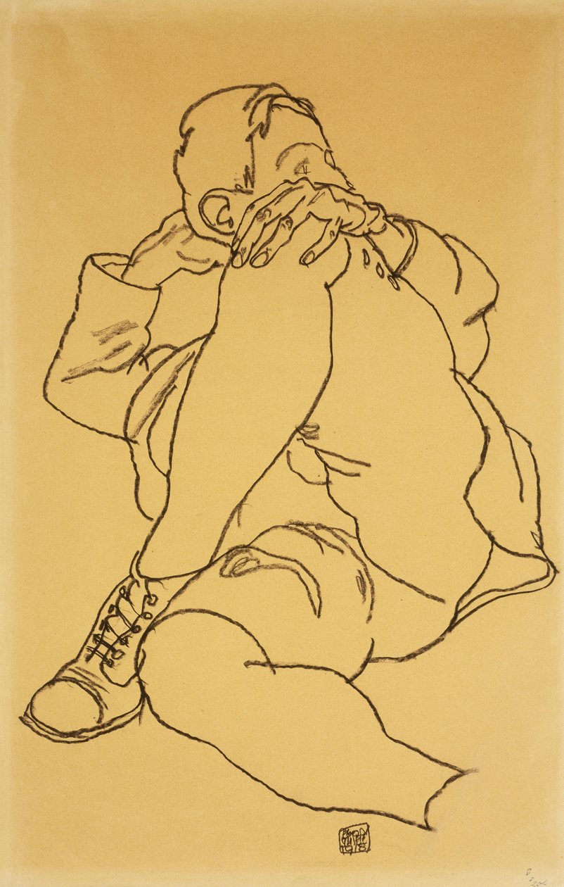 Jovem reclinado com a cabeça apoiada na perna cruzada; Menino deitado com a cabeça apoiada e a perna esquerda dobrada, 1918 de Egon Schiele
