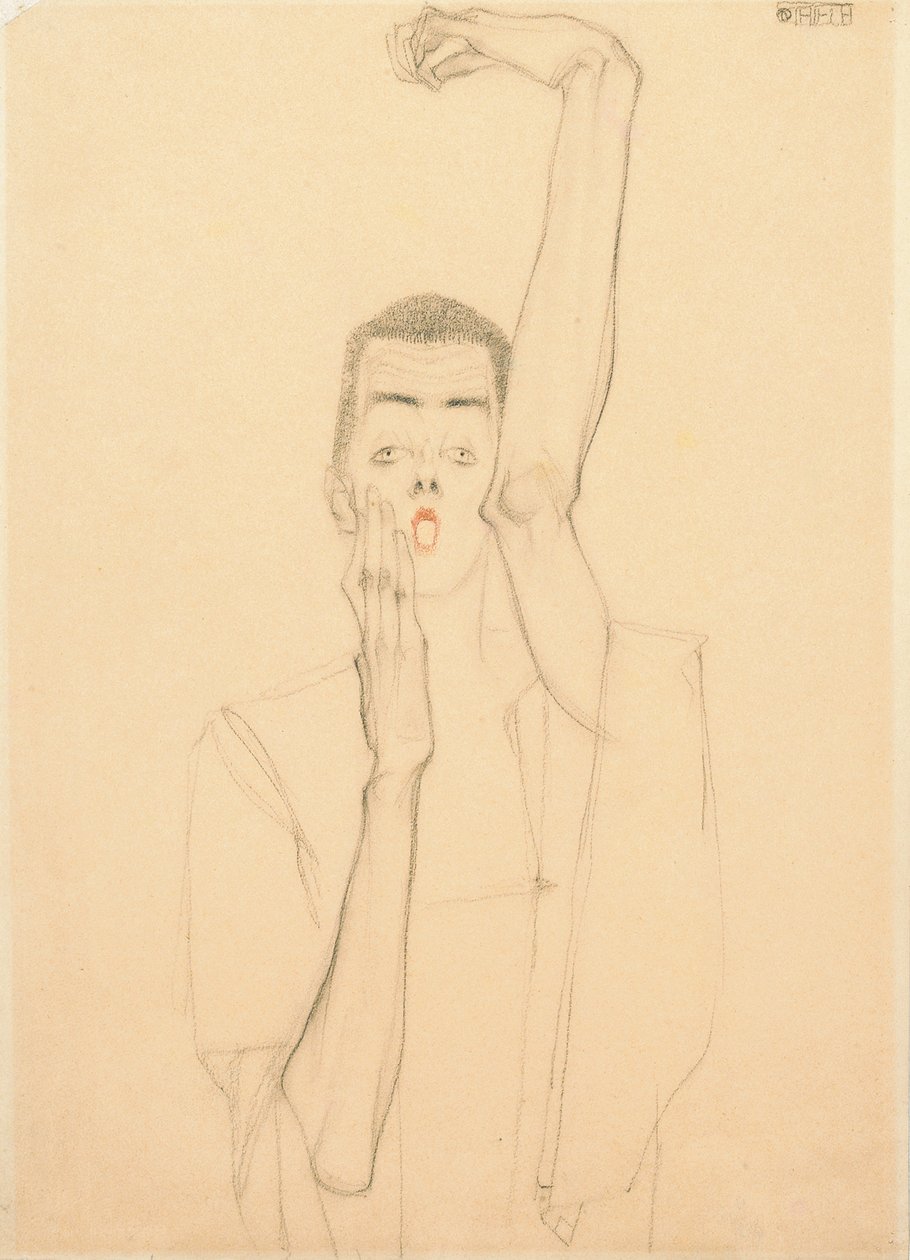 Jovem com um braço erguido e boca vermelha; Auto-retrato com o braço esquerdo levantado e a boca vermelha, 1909 de Egon Schiele