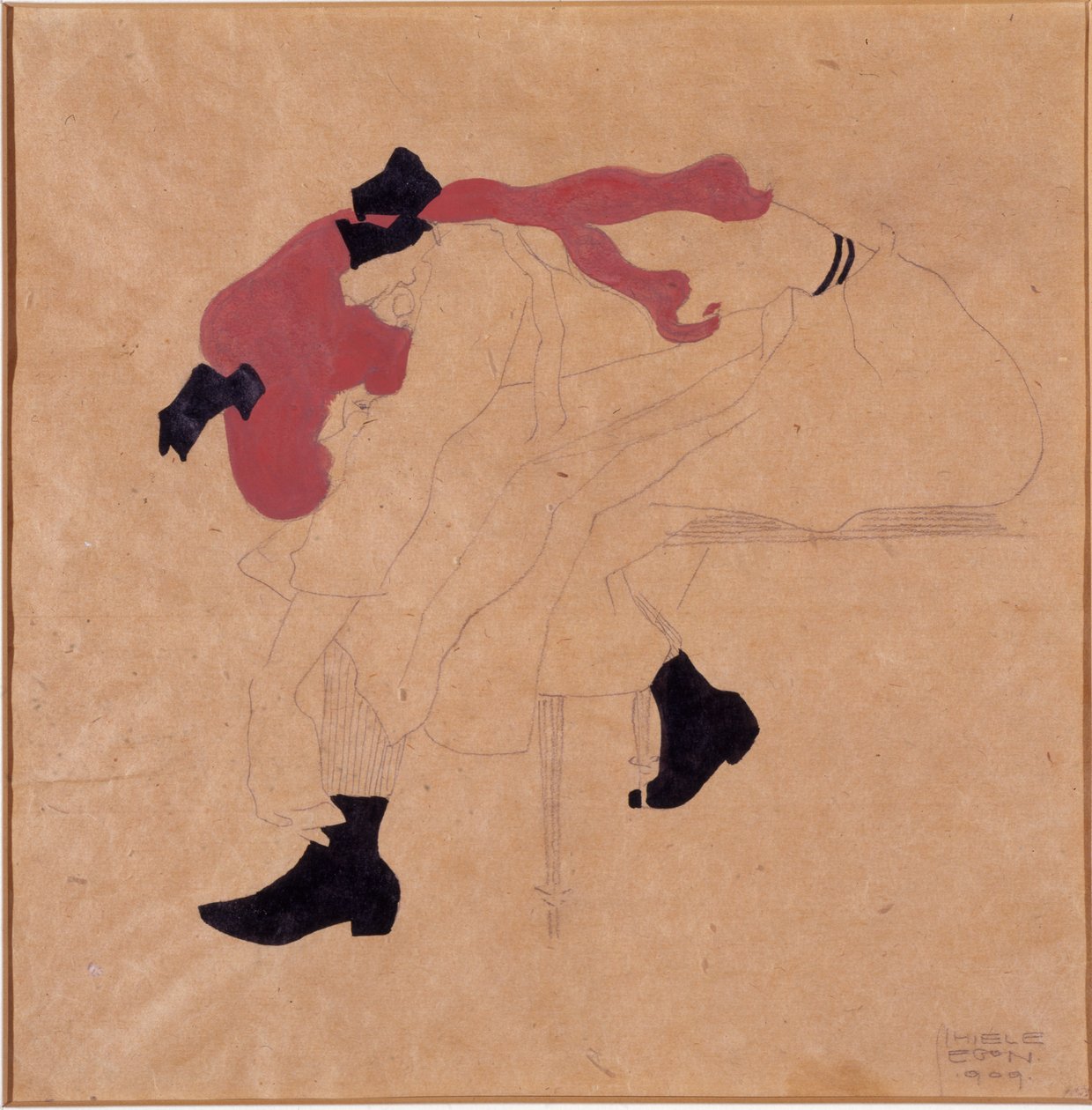 Moça com fita preta no cabelo vermelho, calçar os sapatos, 1909 de Egon Schiele
