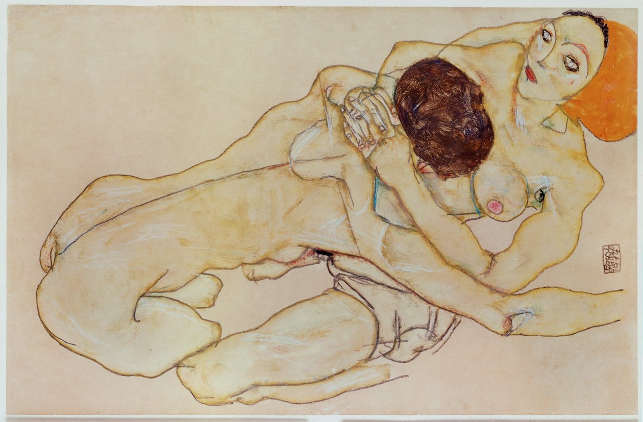 Duas raparigas - Casal amoroso ... (guache e lápis) de Egon Schiele