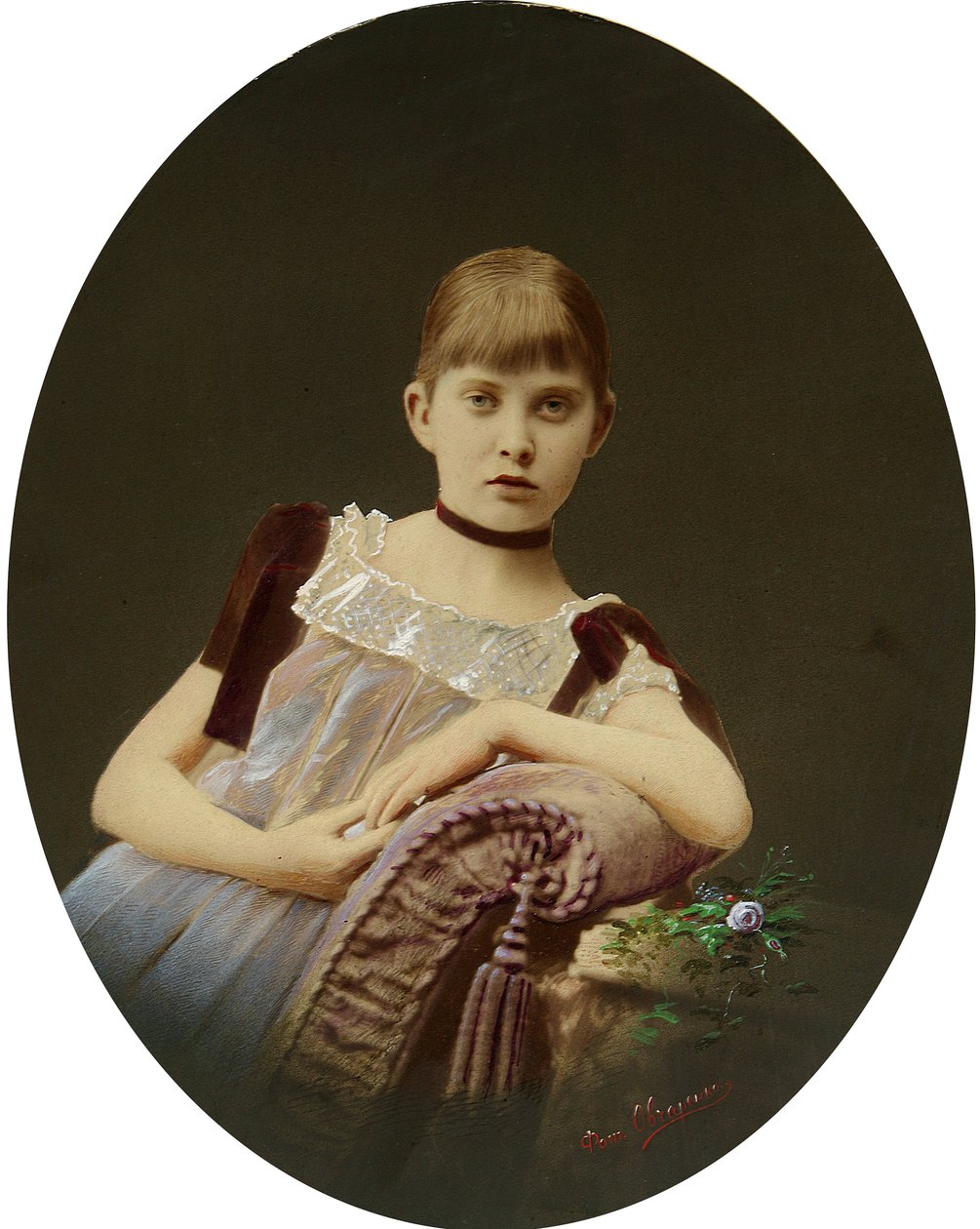 Retrato de uma rapariga. Fotografia em gelatina de prata, Gouache de Egor Maximovich Ovcharenko (?-1902) de Egor Maximovich Ovcharenko