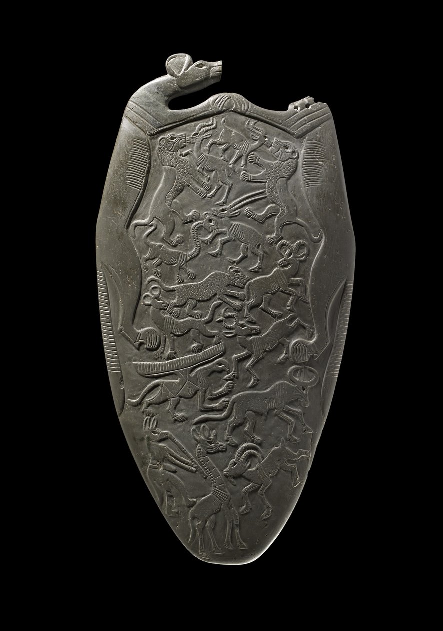 Paleta cerimonial esculpida com animais, alguns em combate, alguns empinados com a música de um flautista de cabeça de chacal, do Depósito Principal, Hierakonpolis, c.3000 aC (ardósia) de Egyptian