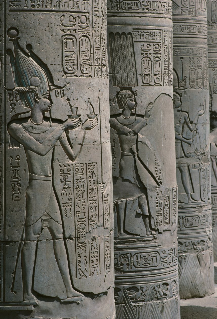 Detalhe da colunata, Roman e Ptolemaico Duplo Templo de Sobek e Haroeris na pedra do rio Nilo de Egyptian