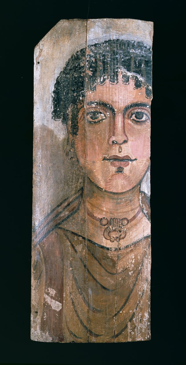 Retrato da múmia frente e verso de uma jovem mulher, de er-Rubayat no Faiyum (pintura de encaustic na madeira) (verso) (para o reto ver 104484) de Egyptian