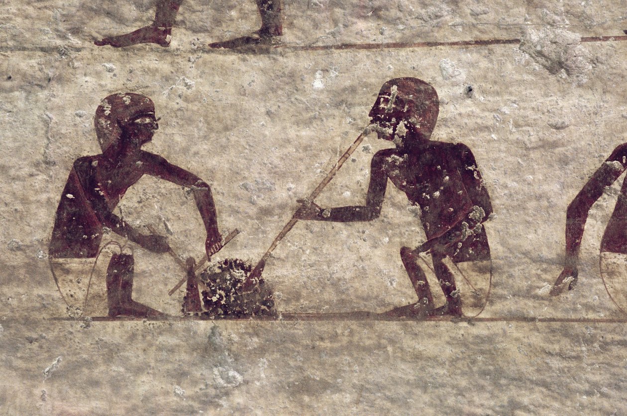 Sopradores de vidro, detalhe de uma pintura de parede do túmulo, egípcio, velho ao reino médio (calcário pintado) de Egyptian