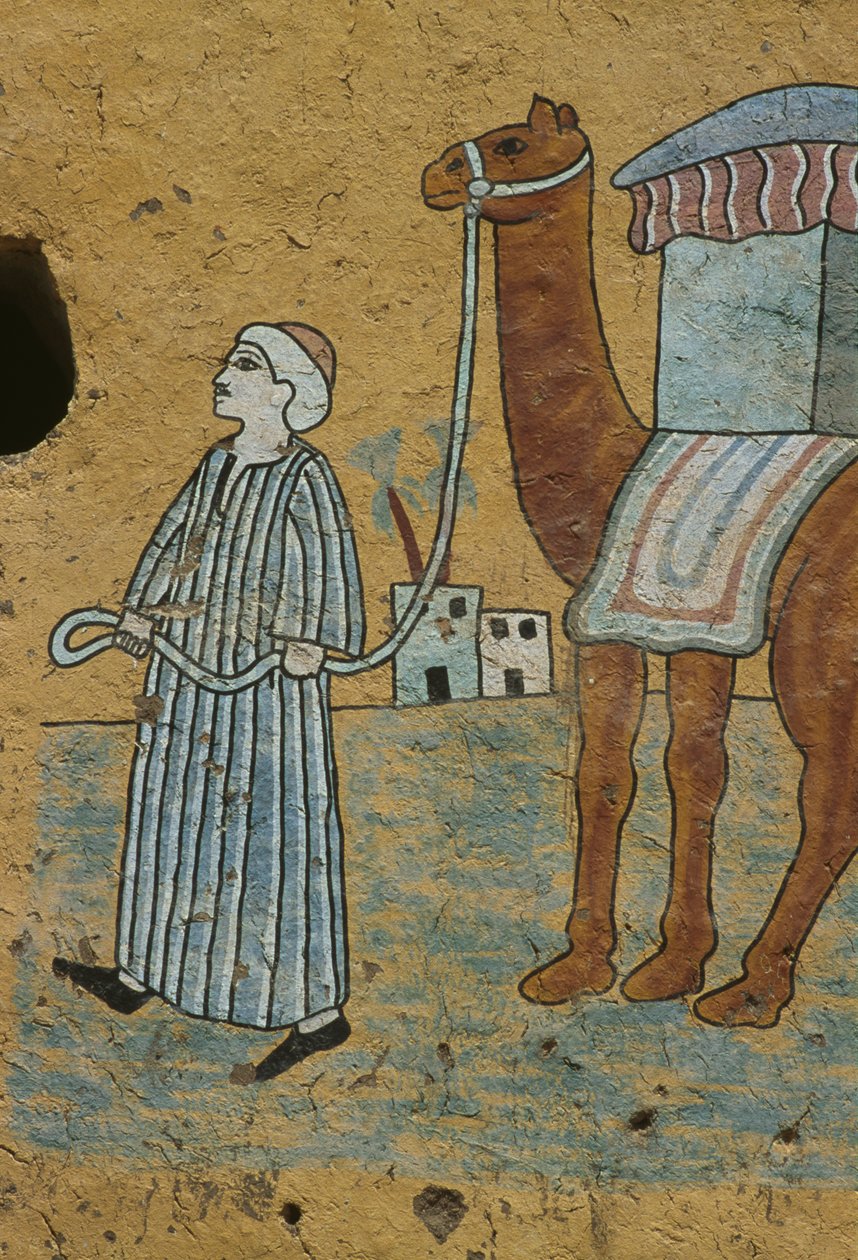 Parede pintada retratando um homem com um camelo (pintura de parede) de Egyptian