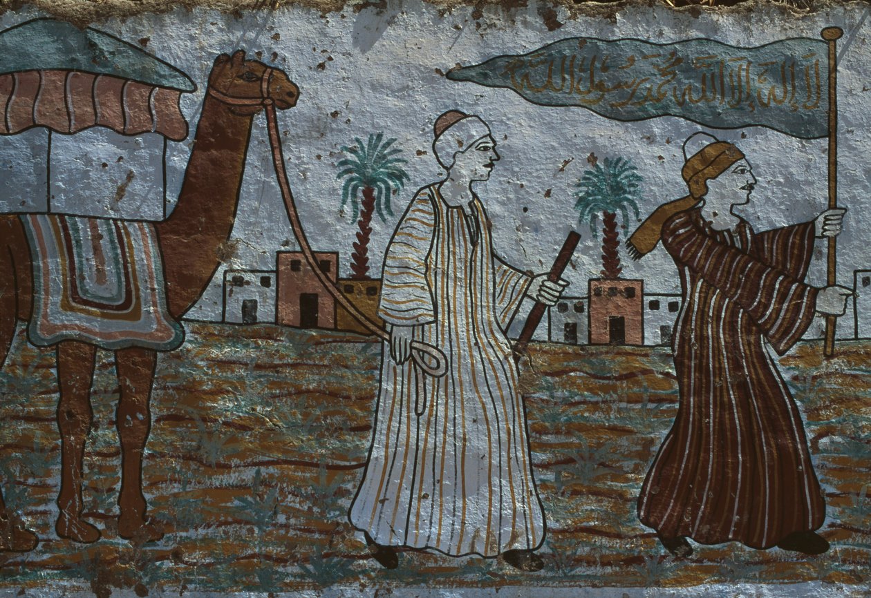Parede pintada retratando homens com um camelo (pintura de parede) de Egyptian