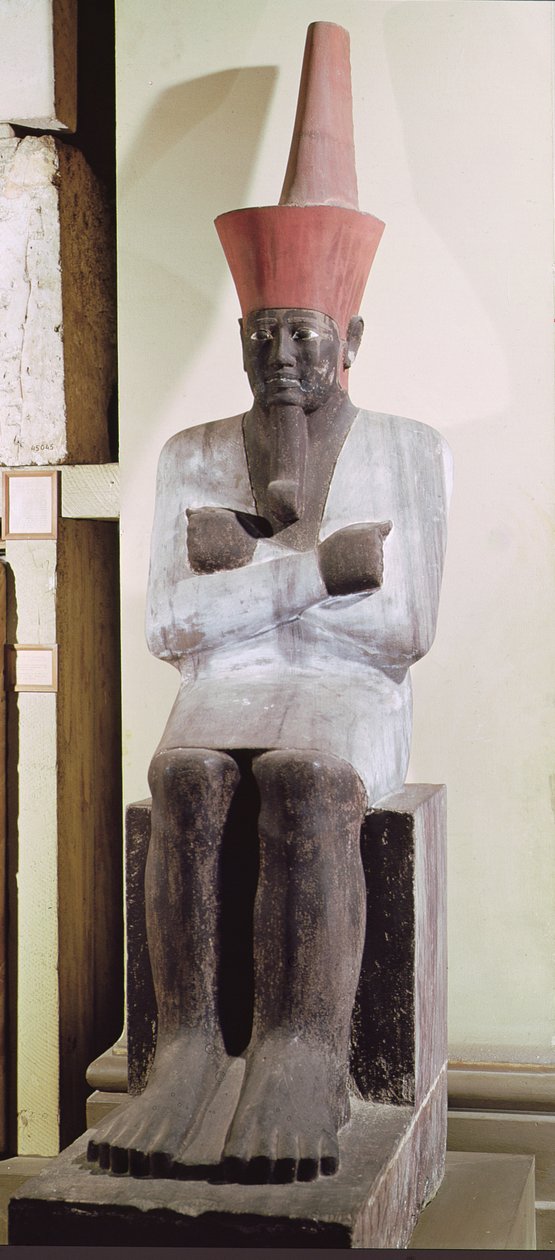Estátua, de, Mentuhotep, II, entronado, e, desgastar, a, vermelho, coroa, de, egito inferior, levado, de, a, mortuário templo, de, Mentuhotep, ii, em, Deir, el-Bahri, reino médio, (painted, sandstone) de Egyptian 11th Dynasty