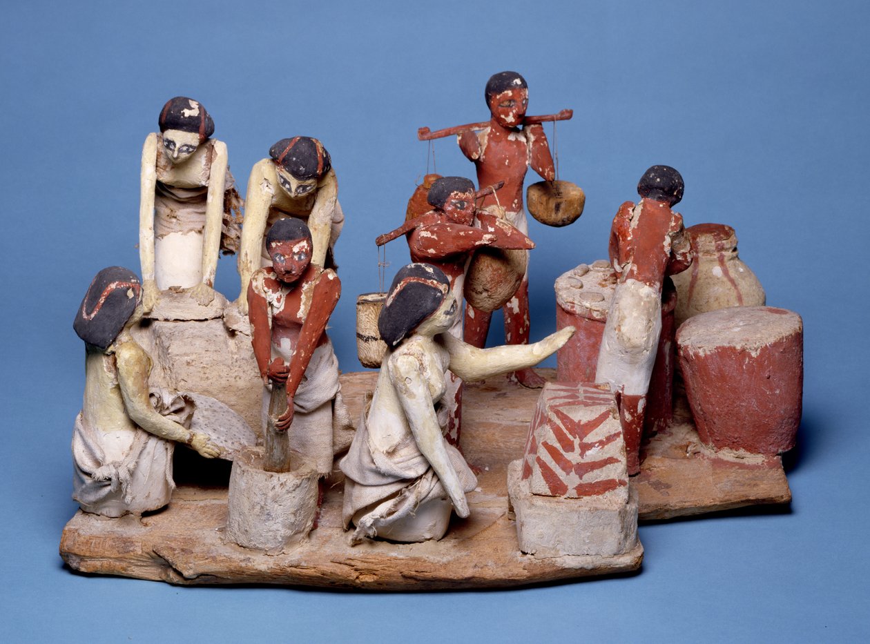 Modelo de servos fazendo pão e cerveja, Middle Kingdom (madeira pintada, linho e argila) de Egyptian 12th Dynasty