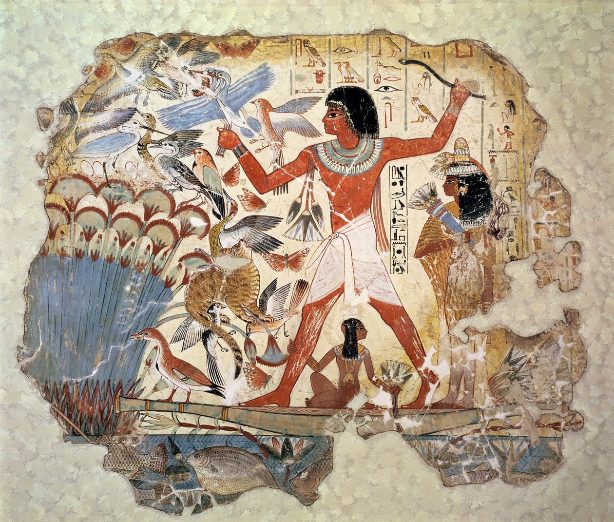 Nebamun caçando nos pântanos com sua esposa e filha, parte de uma pintura de parede da capela-túmulo de Nebamun, Tebas, Novo Reino, c.1350 aC (gesso pintado) de Egyptian 18th Dynasty