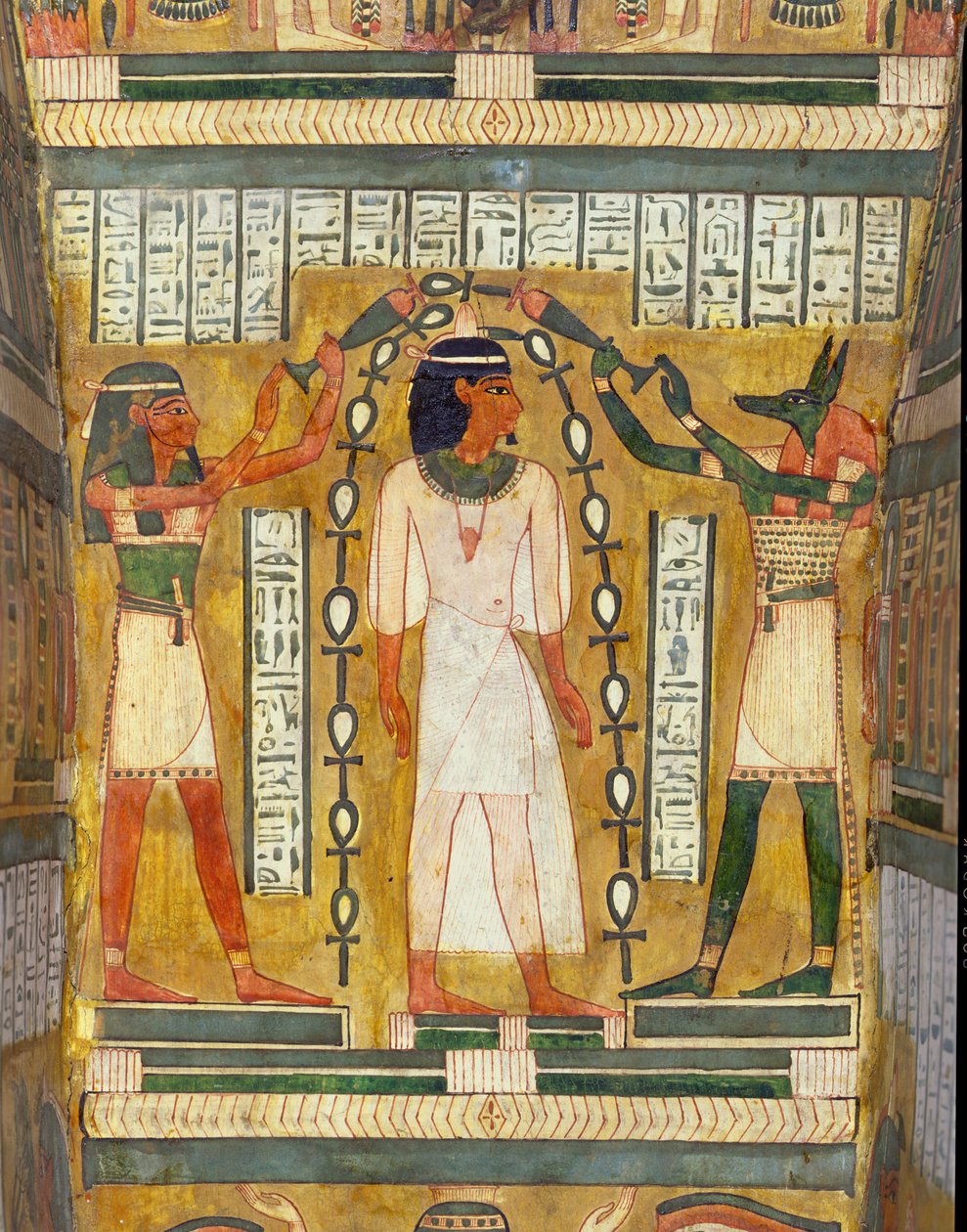 A Libação dos Mortos, detalhe do interior do sarcófago de Amenemipet, um sacerdote do culto de Amenophis (Amenhotep) I, representando Anúbis e a deusa Maat derramando água sobre a cabeça de Egyptian 18th Dynasty