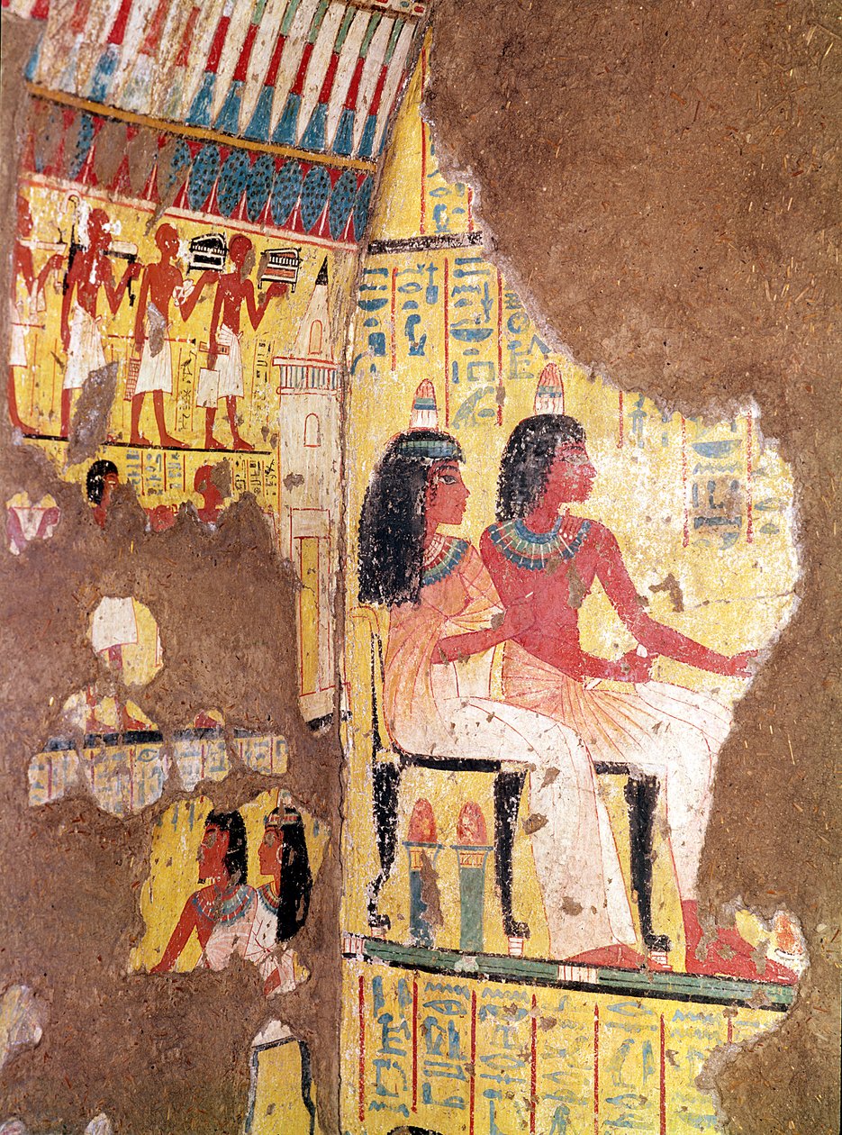 A pintora Maie e sua esposa sentadas, de seu túmulo, reconstruídas no museu, New Kingdom (calcário pintado) de Egyptian 18th Dynasty