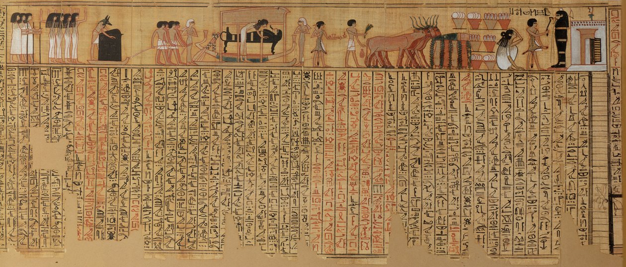 O espírito do falecido descendo ao seu túmulo, do Livro dos Mortos do escriba Neqbed, New Kingdom (papiro) de Egyptian 18th Dynasty