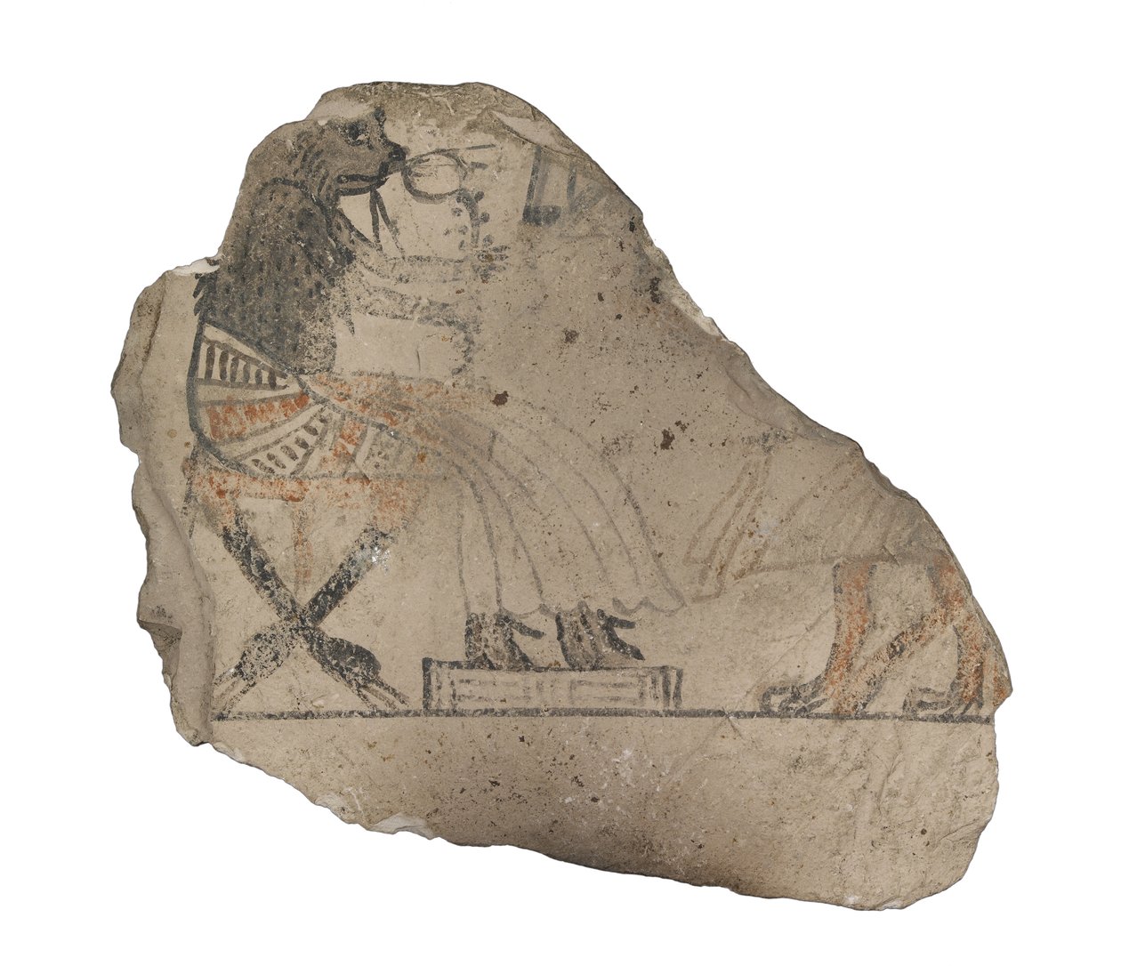 Ostracon calcário com desenhos humorísticos em calcário tinta vermelha e preta pintada com tinta preta e vermelha de Egyptian 19th Dynasty