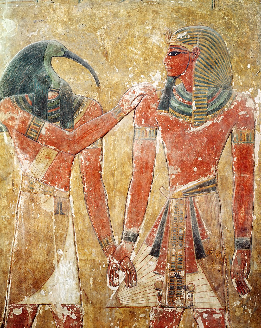 O deus Thoth com Seti I (1394-1279 aC) no túmulo de Seti I, Novo Reino (pedra pintada) de Egyptian 19th Dynasty