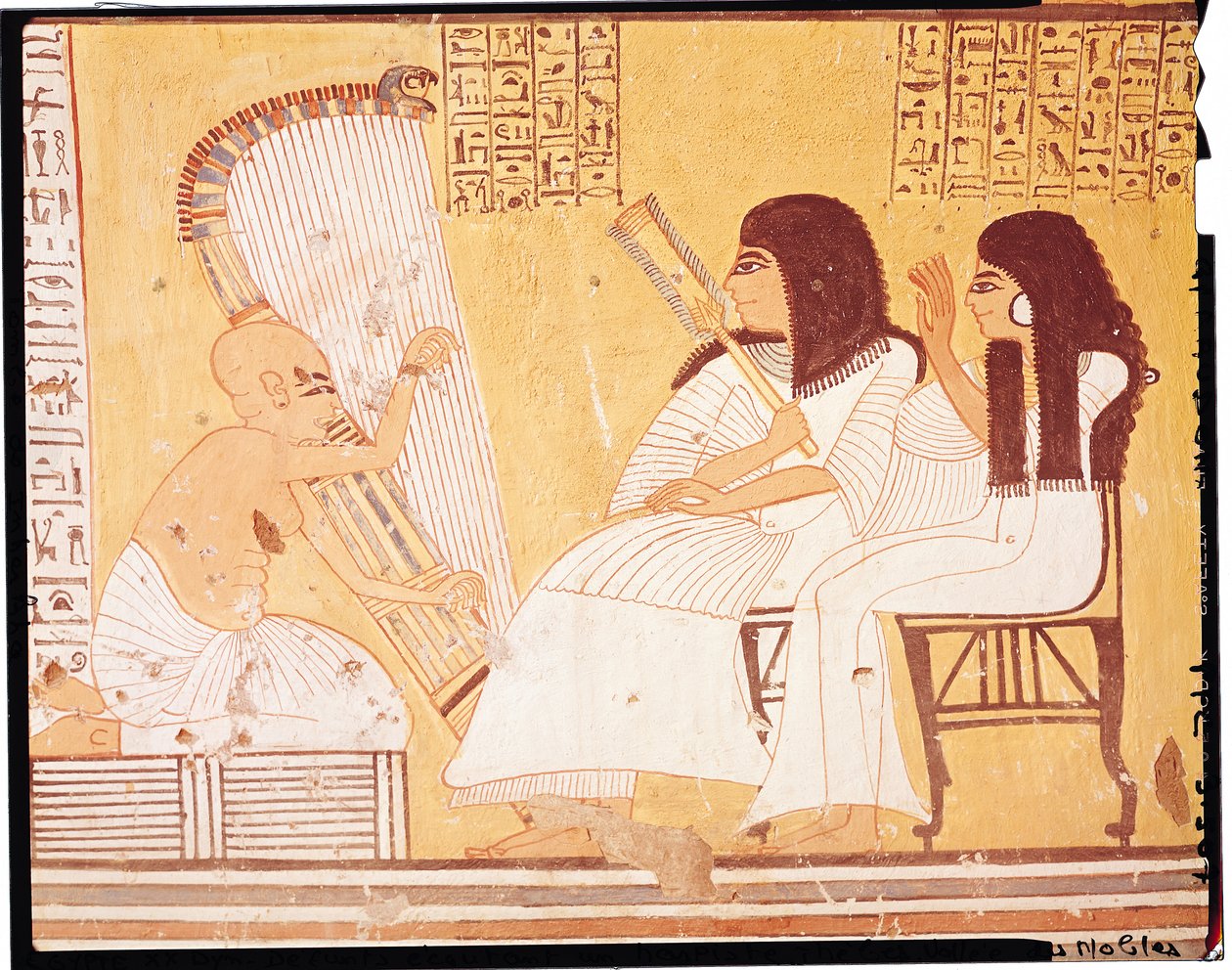 O falecido e sua esposa ouvindo um harpista cego, do túmulo de Ankerkhe, túmulos de Workmens, New Kingdom (pintura de parede) de Egyptian 20th Dynasty