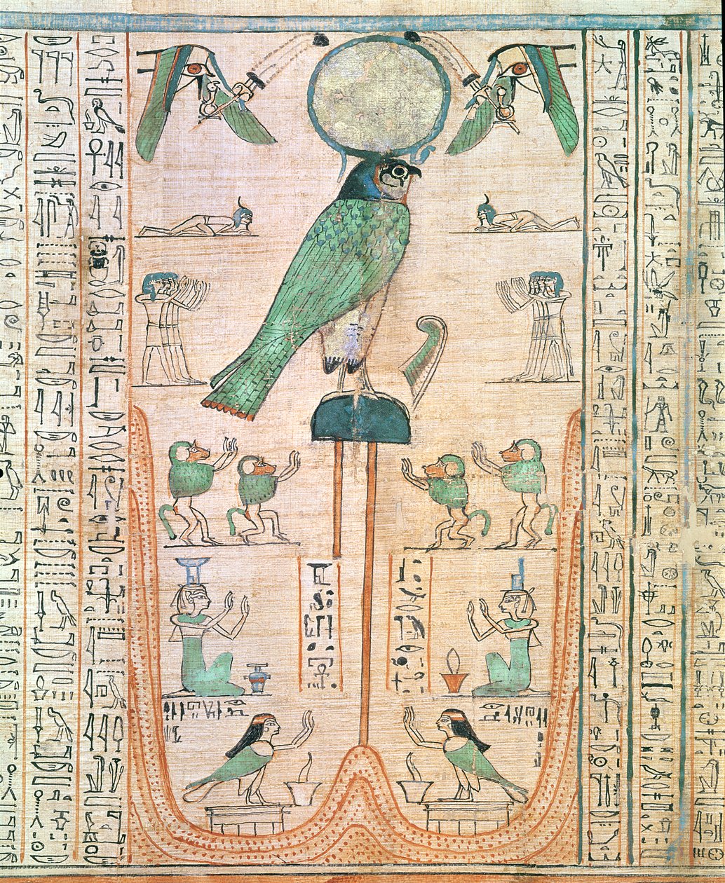 Adoração do Sol Nascente na Forma do Falcão Re-Horakhty, Novo Reino, c.1150 aC (papiro) de Egyptian 20th Dynasty