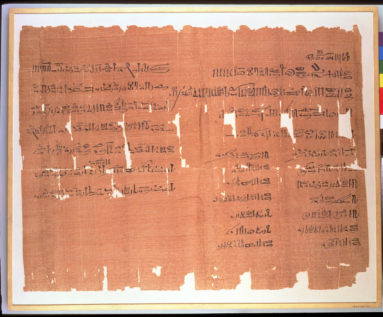 Vontade feita por uma dama Theban chamada Naunakhte, distribuindo sua propriedade entre os filhos de seus dois casamentos, inscrição hierárquica, c.1156-51 aC (papiro) de Egyptian 20th Dynasty
