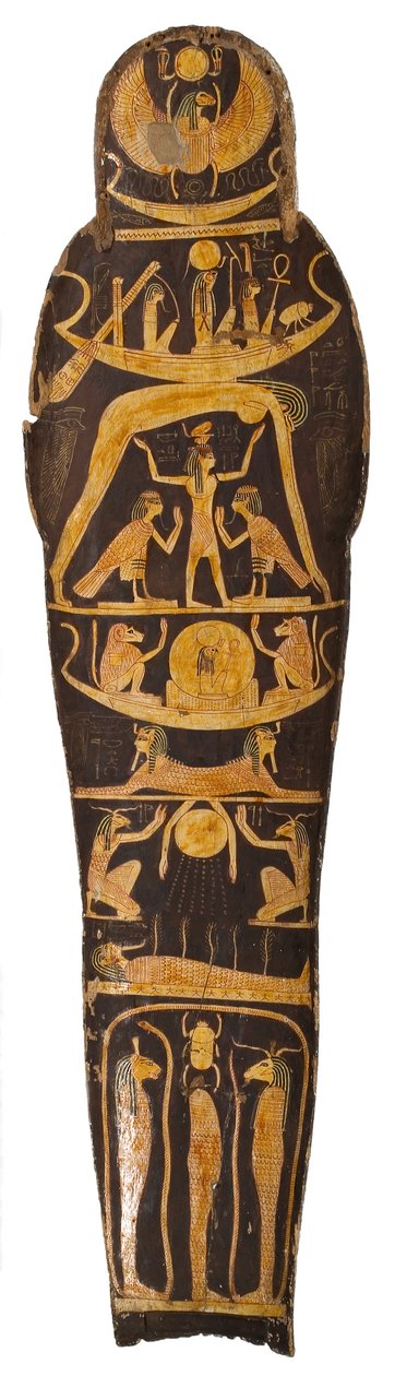 Tampa da múmia, do caixão do chefe dos escribas do templo de Amon Re, Nespawershefyt, Terceiro Período Intermediário, c.1000 aC madeira pintada de Egyptian 21st Dynasty