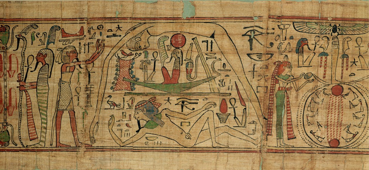 Detalhe do papiro de Nespakashuty mostrando o deus Geb (terra) separado de sua esposa, a deusa Nut (céu) Terceiro Período Intermediário (papiro) de Egyptian 21st Dynasty