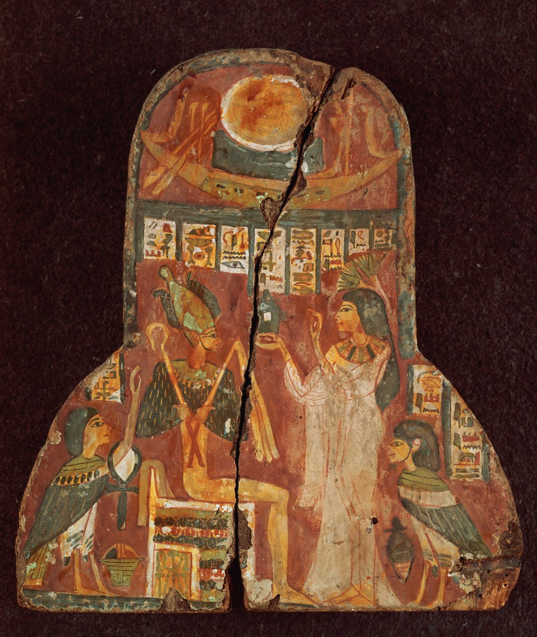 Tampa do caixão do cantor, Toarnemiherti, mostrando o falecido oferecendo incenso a Osíris entronizado, Terceiro Período Intermediário (pedra pintada) (ver 107961) de Egyptian 21st Dynasty