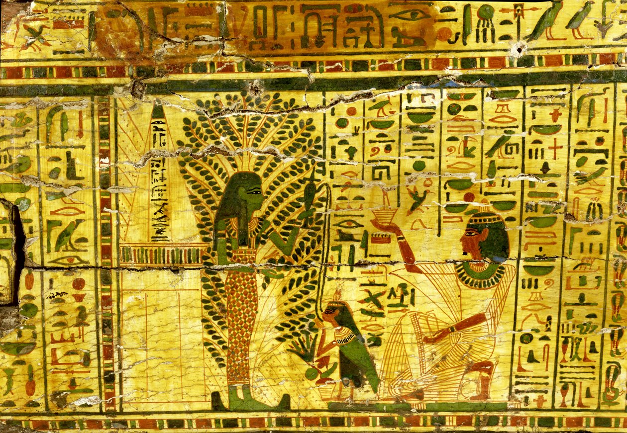 A deusa Sycamore Nut derramando um líquido bebido pela alma de pássaro de Nespawershefyt, Terceiro Período Intermediário, 990-969 aC (madeira gessada e pintada) (veja também 76534) de Egyptian 21st Dynasty