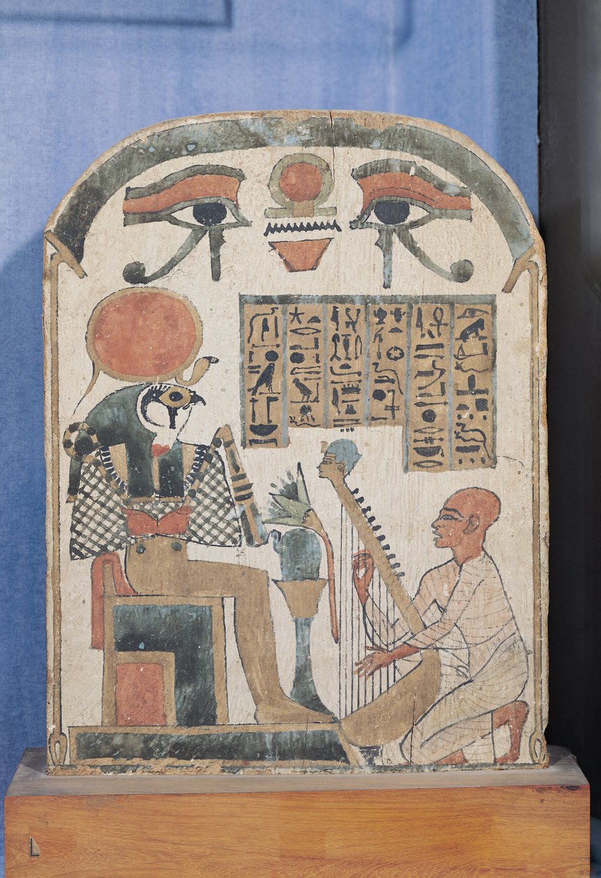 Estela do harpista Djedkhonsuiuefankh, Egípcio, Terceiro Período Intermediário, (estuque e madeira pintada) de Egyptian 22nd Dynasty