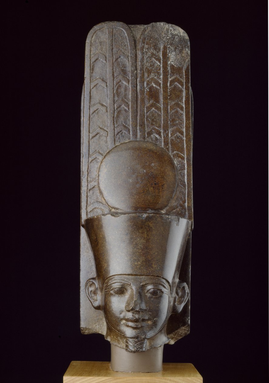 Quartzito cabeça de Amun inscrito no pilar de trás com o nome Horus de Tanewatamani esculpido quartzito marrom escuro de Egyptian 25th Dynasty