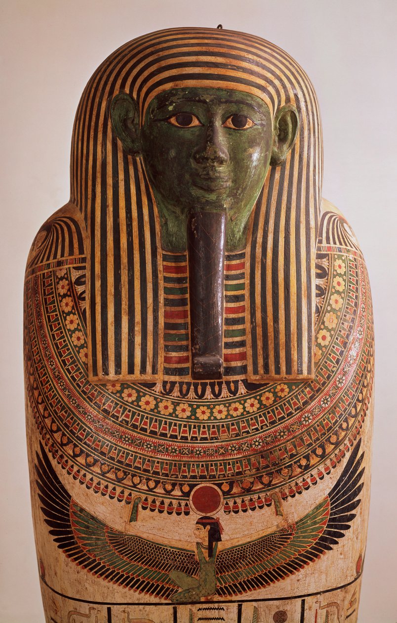 Tampa exterior do sarcófago de Psametik I (664-610 aC) Período tardio (madeira pintada) de Egyptian 26th Dynasty