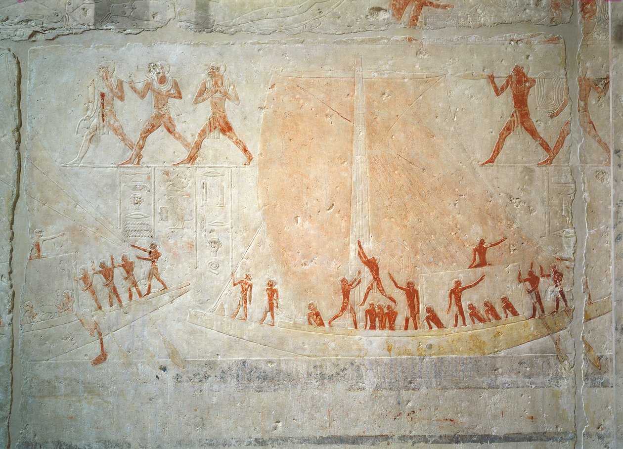Alívio do Mastaba de Akhethotep representando passeios de barco, a partir de Saqqara, Old Kingdom (calcário pintado) de Egyptian 5th Dynasty
