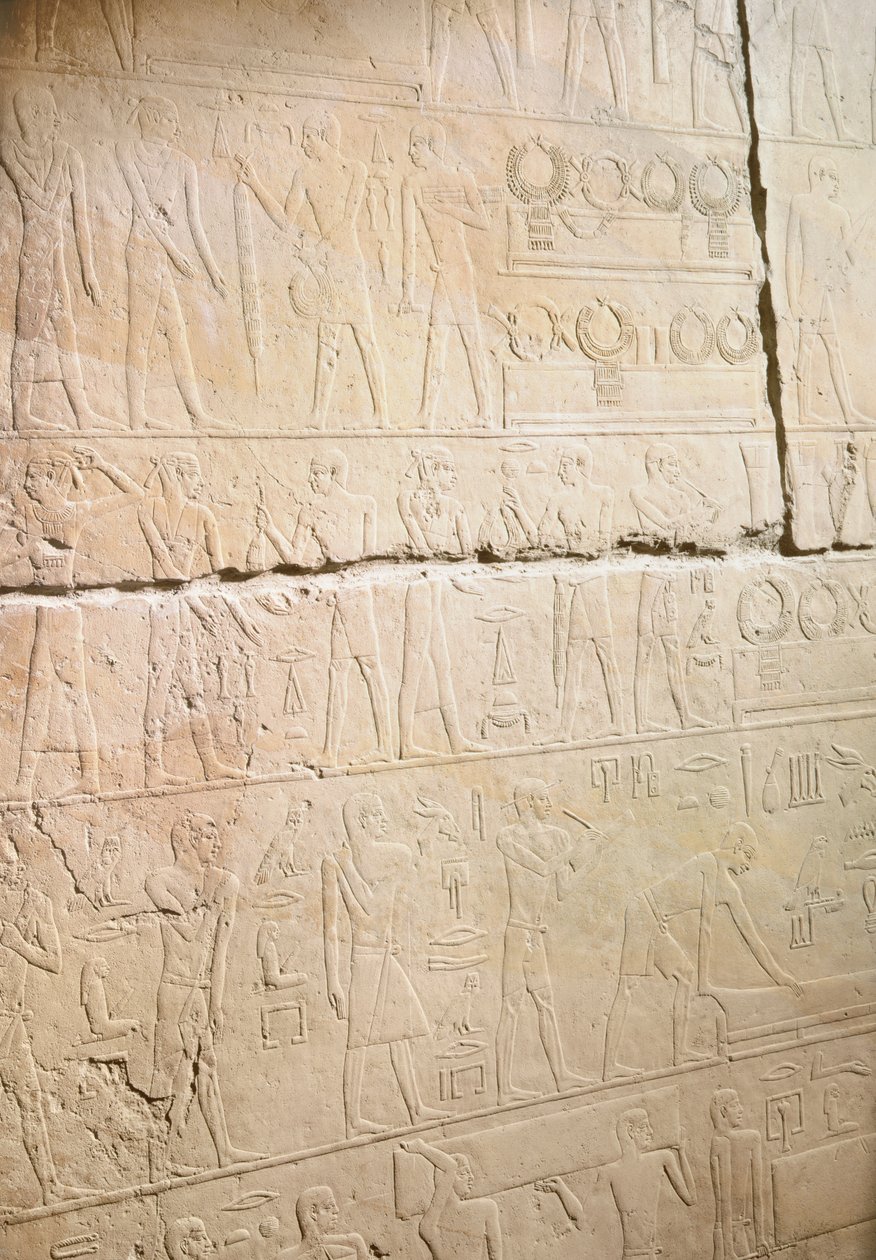 Alívio da Mastaba de Akhethotep representando a substituição dos colares, de Saqqara, Old Kingdom (calcário pintado) de Egyptian 5th Dynasty