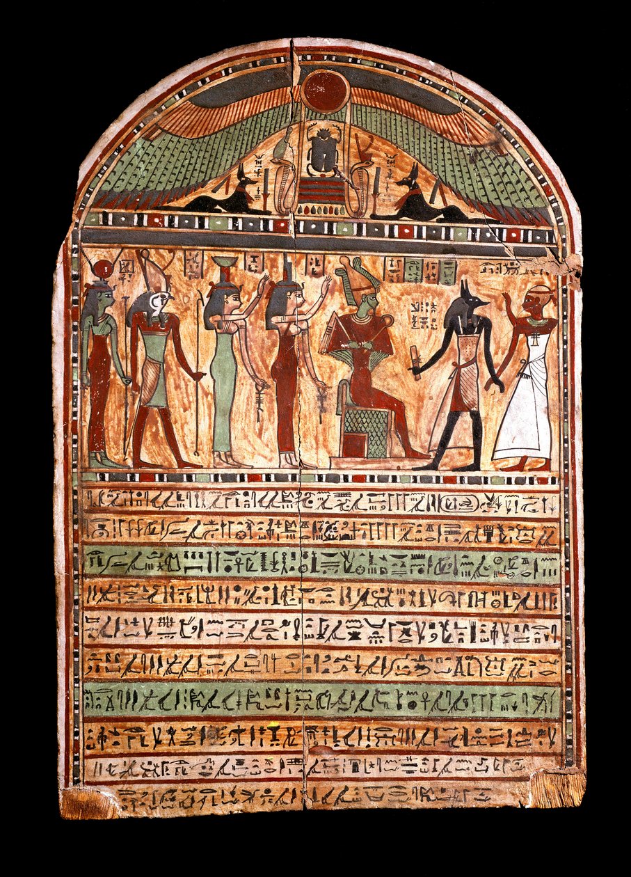 Antiquite egípcio: estela funerária de um sumo sacerdote: Osíris acolhe o falecido presente em Anúbis, atrás dele as deidades Ísis, Neftis (Neftis ou Neftis), Horus, Hathor. Século III-2 a.C. Turim, museu egípcio - Antiguidades egípcias: estela funerária de Egyptian