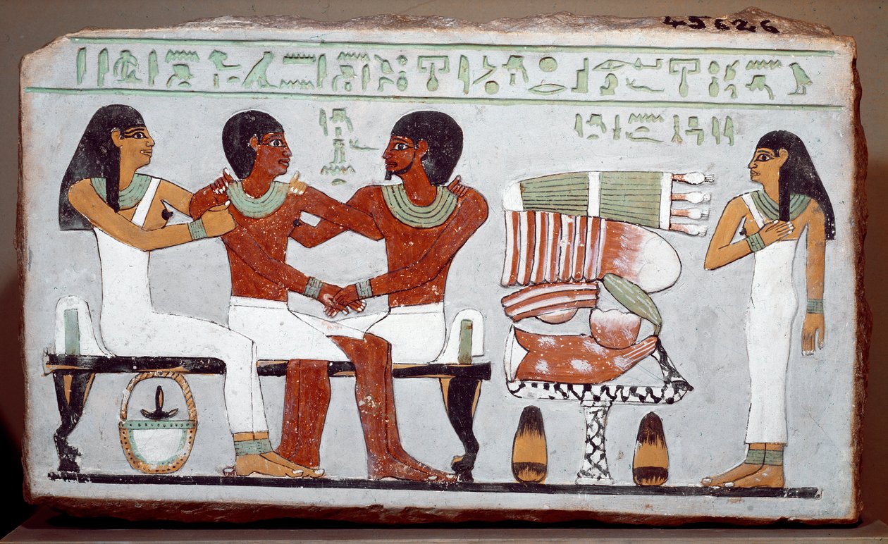 Antiquite egípcia: estela funerária pintada com calcário representando a família de Amenemhet (Amenemhat) de Egyptian 11th Dynasty