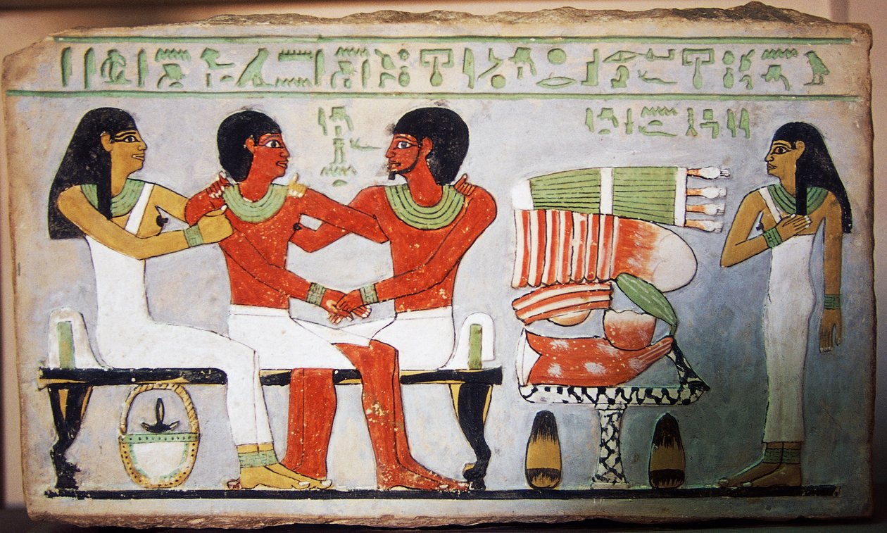 Debu Sobek e a sua família, pintura de parede de Abydos, Egipto. A civilização egípcia, Reino do Meio, Dinastia XII de Egyptian 12th Dynasty
