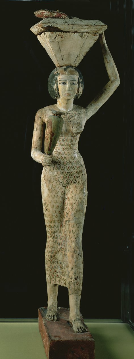 Fêmea portadora de oferendas com um vaso de água na mão e um recipiente na cabeça, Reino do Meio) c.1950 BC (madeira de figo estucado e pintado) (para detalhes ver 93792) (ver também 154094) de Egyptian 12th Dynasty