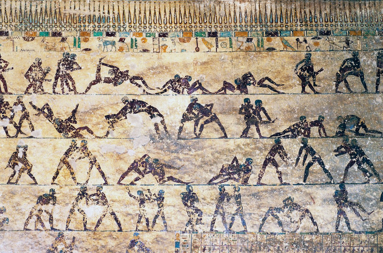 Cenas de combate, pintura de paredes, túmulo de Kethi, Necrópole de Beni Hasan, Egipto, civilização egípcia, Reino do Meio, Dinastia XII de Egyptian 12th Dynasty
