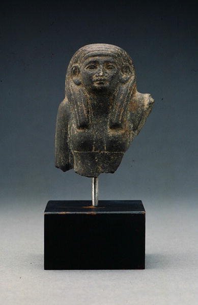 Cabeça e ombros de uma mulher de uma estátua de grupo, provavelmente um díada funerária, Reino do Meio (basalto) de Egyptian 12th Dynasty