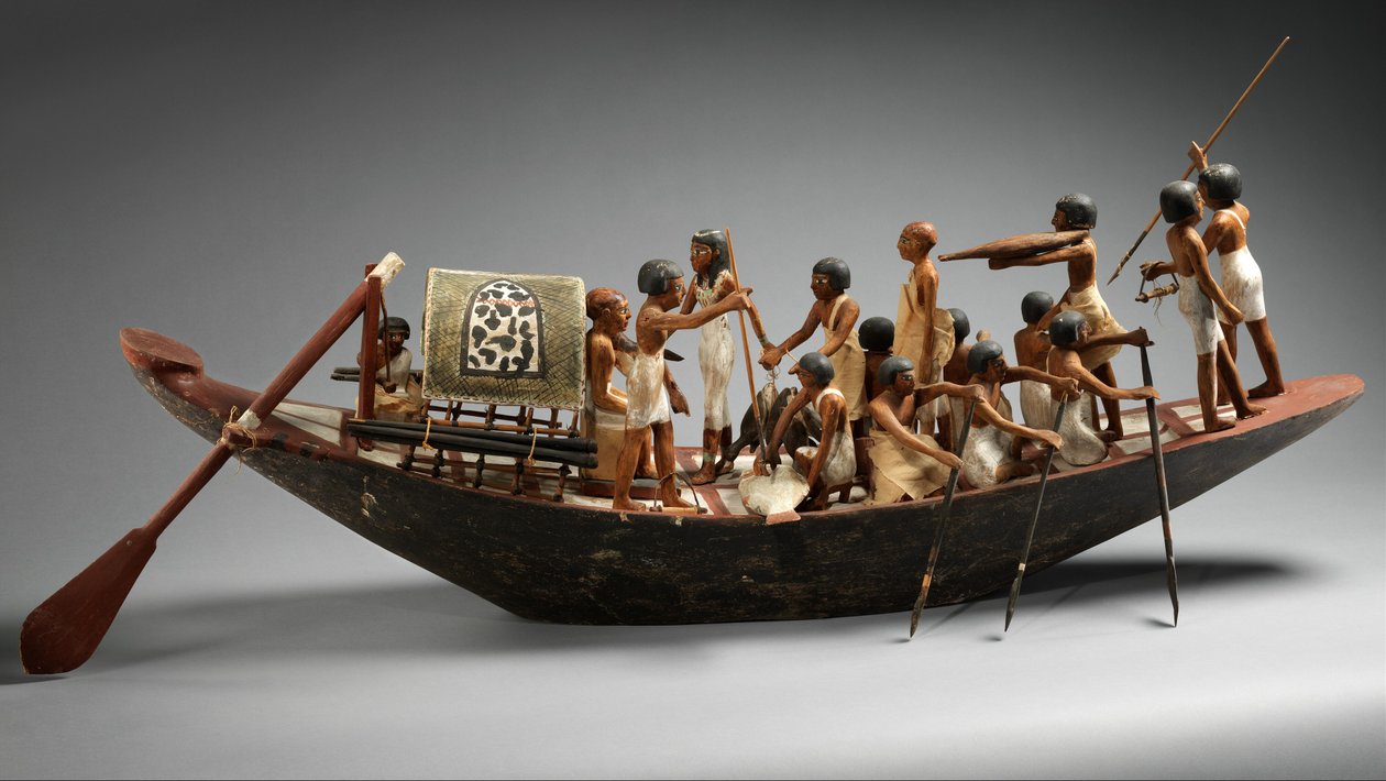 Modelo Barco Esportivo do Túmulo de Meketre, c.1981-1975 a.C. (madeira rebocada e pintada, linho, fio de linho, cobre) de Egyptian 12th Dynasty