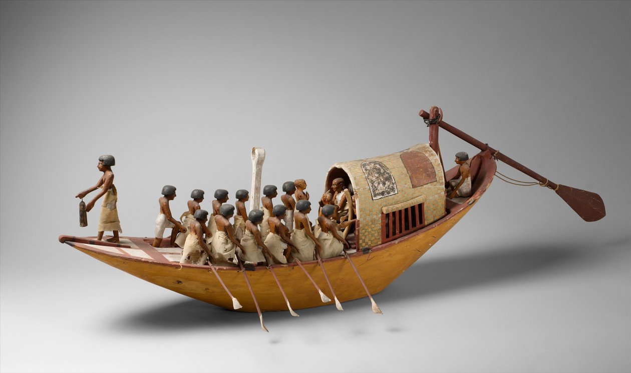Barco Viajante sendo Remado do Túmulo de Meketre, c.1981-1975 a.C. (madeira, tinta, gesso, fio de linho e linho) de Egyptian 12th Dynasty