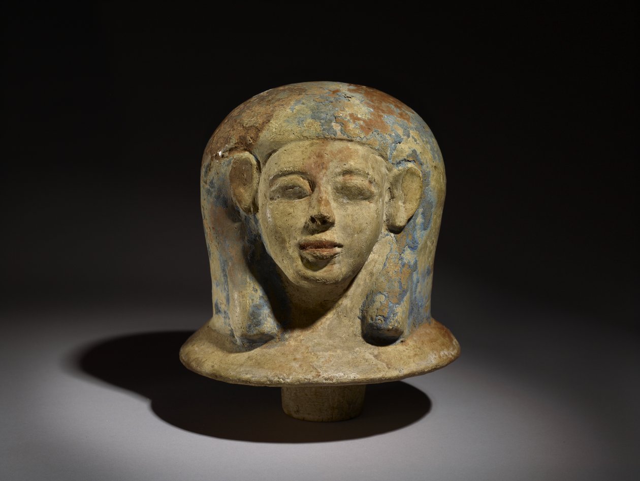 Tampa de frasco Canopic em forma de cabeça de Egyptian 17th Dynasty