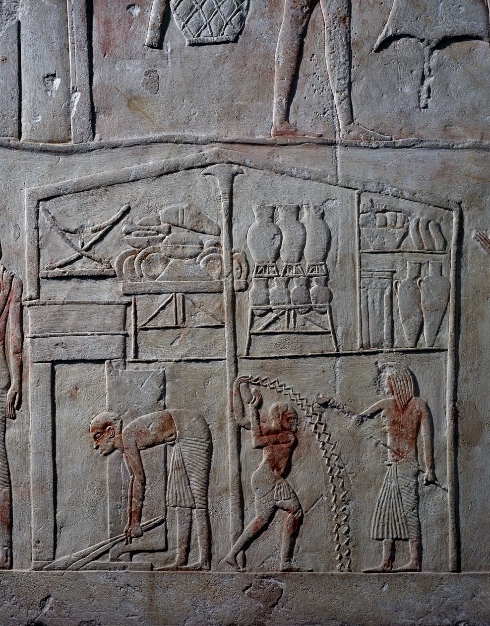 Disposição dos alimentos nos armazéns, relevo de parede em calcário, da Tumba Memphite de Horemheb em Saqqara, Civilização Egípcia, Novo Reino, Dinastia XVIII de Egyptian 18th Dynasty
