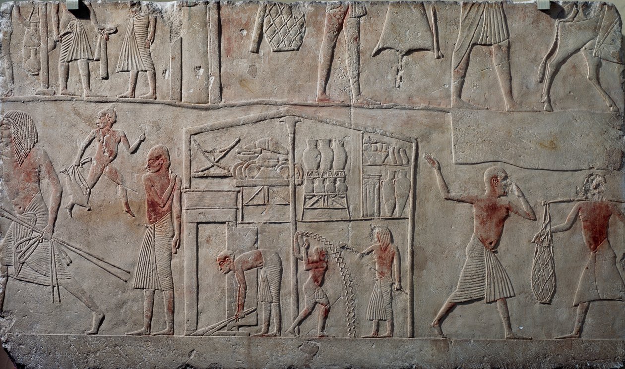 Disposição dos alimentos nos armazéns, relevo de parede em calcário, da Tumba Memphite de Horemheb em Saqqara, Civilização Egípcia, Novo Reino, Dinastia XVIII de Egyptian 18th Dynasty