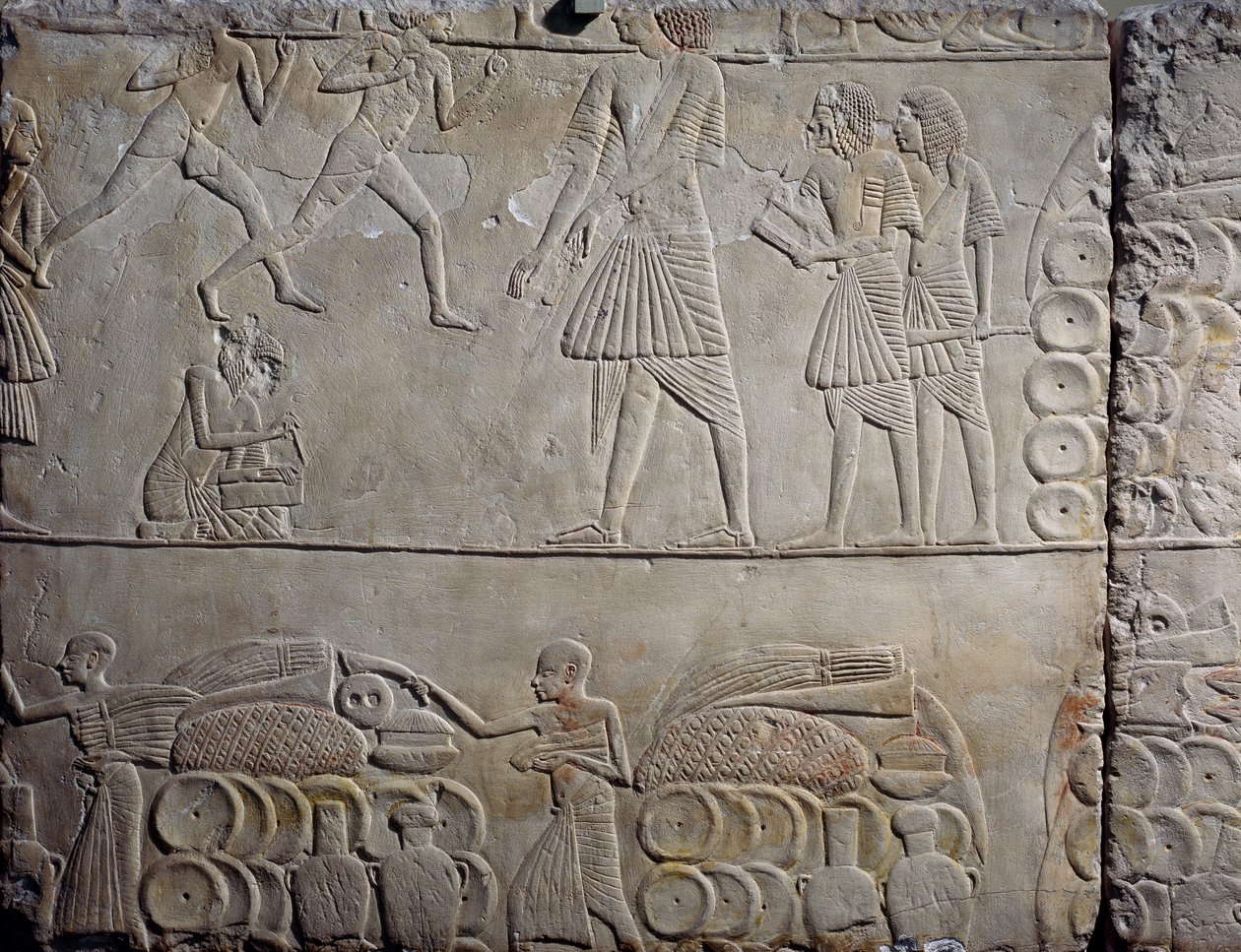 Disposição dos alimentos nos armazéns, relevo de parede em calcário, da Tumba Memphite de Horemheb em Saqqara, Civilização Egípcia, Novo Reino, Dinastia XVIII de Egyptian 18th Dynasty
