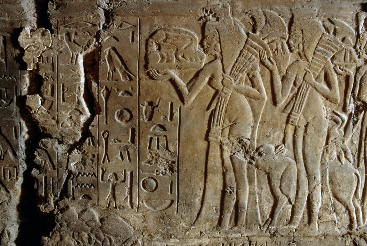 Baixo-relevo do túmulo de Maia, ama de leite de Tutankhamon, Saqqara, Egipto, Civilização Egípcia, Novo Reino, Dinastia XVIII, pormenor de Egyptian 18th Dynasty