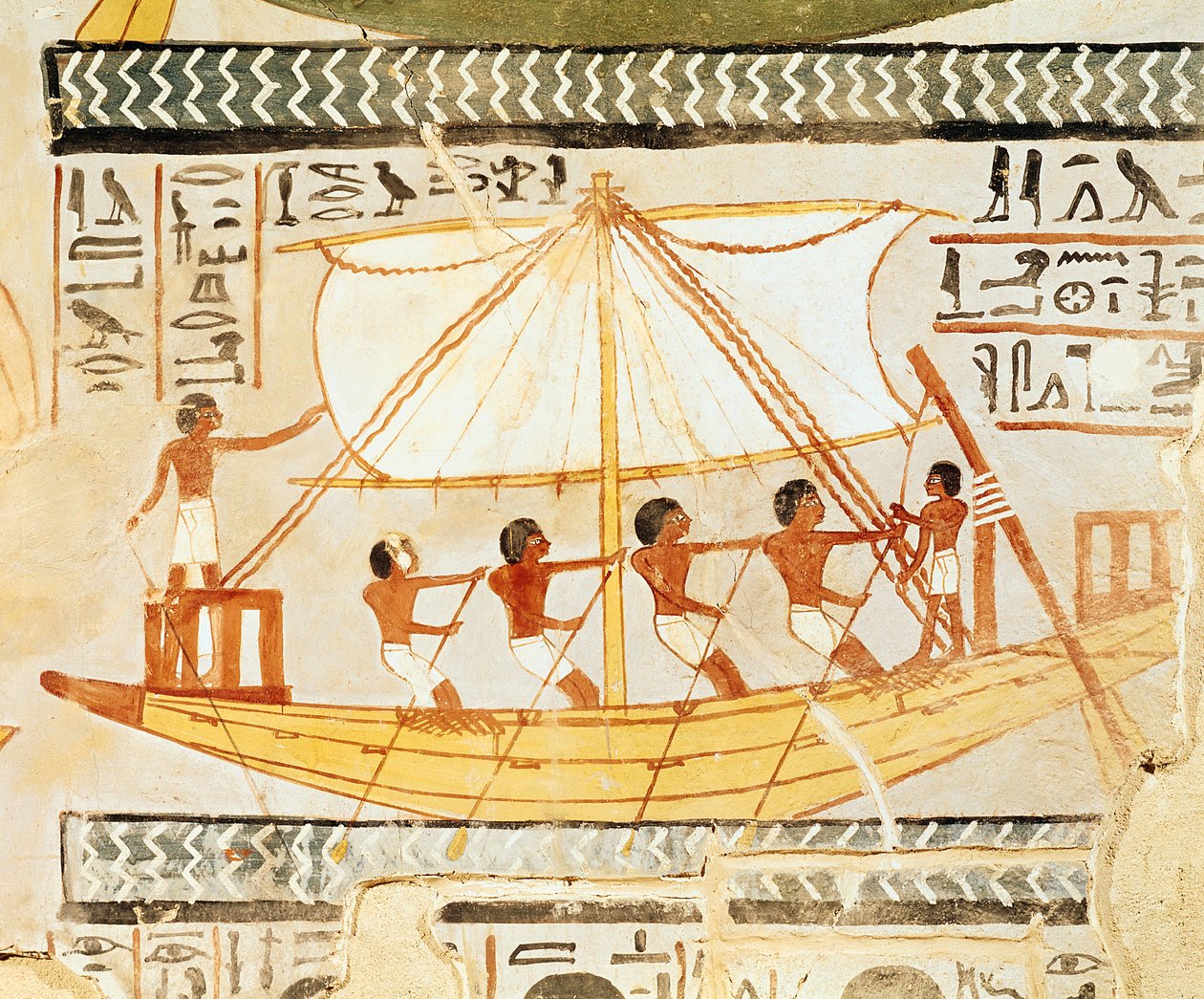 Barqueiros no Nilo, do túmulo de Sennefer, novo reino (mural) de Egyptian 18th Dynasty