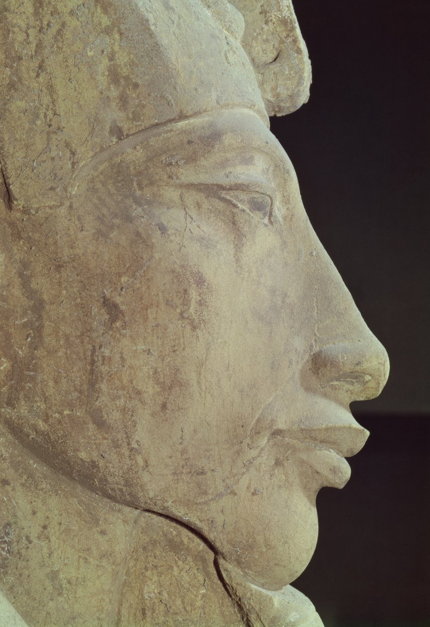 Busto de Amenophis IV (Akhenaton) (c.1364-1347 aC) do Templo de Amon, Karnak, c.1353-1337 aC (arenito) (detalhe) de Egyptian 18th Dynasty
