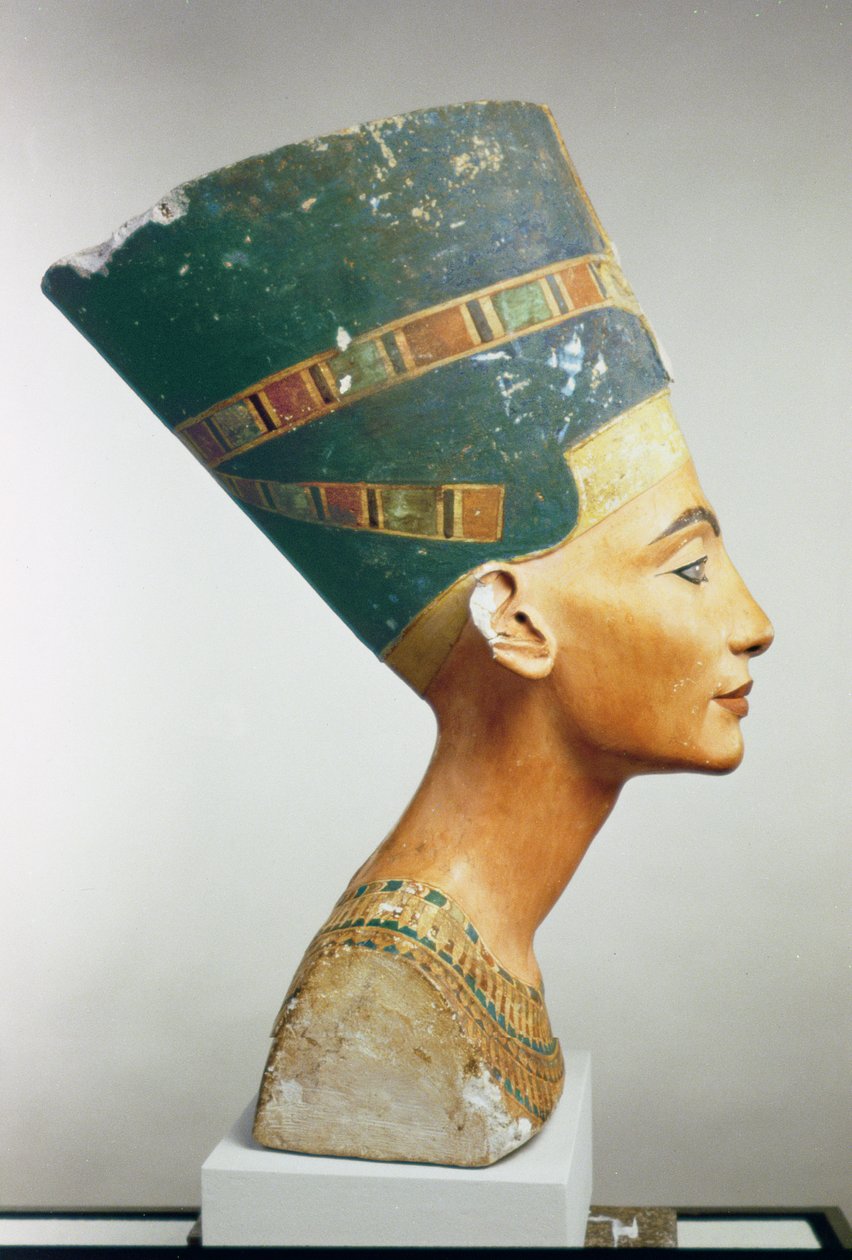 Busto da rainha Nefertiti, vista lateral, do estúdio de Thutmose em Tell el-Amarna (calcário pintado) (ver também 114018 e 114019) de Egyptian 18th Dynasty